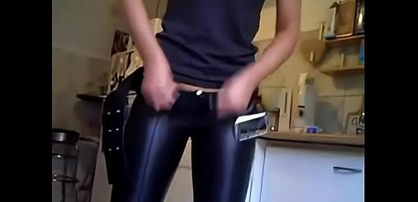  woman in leather pants